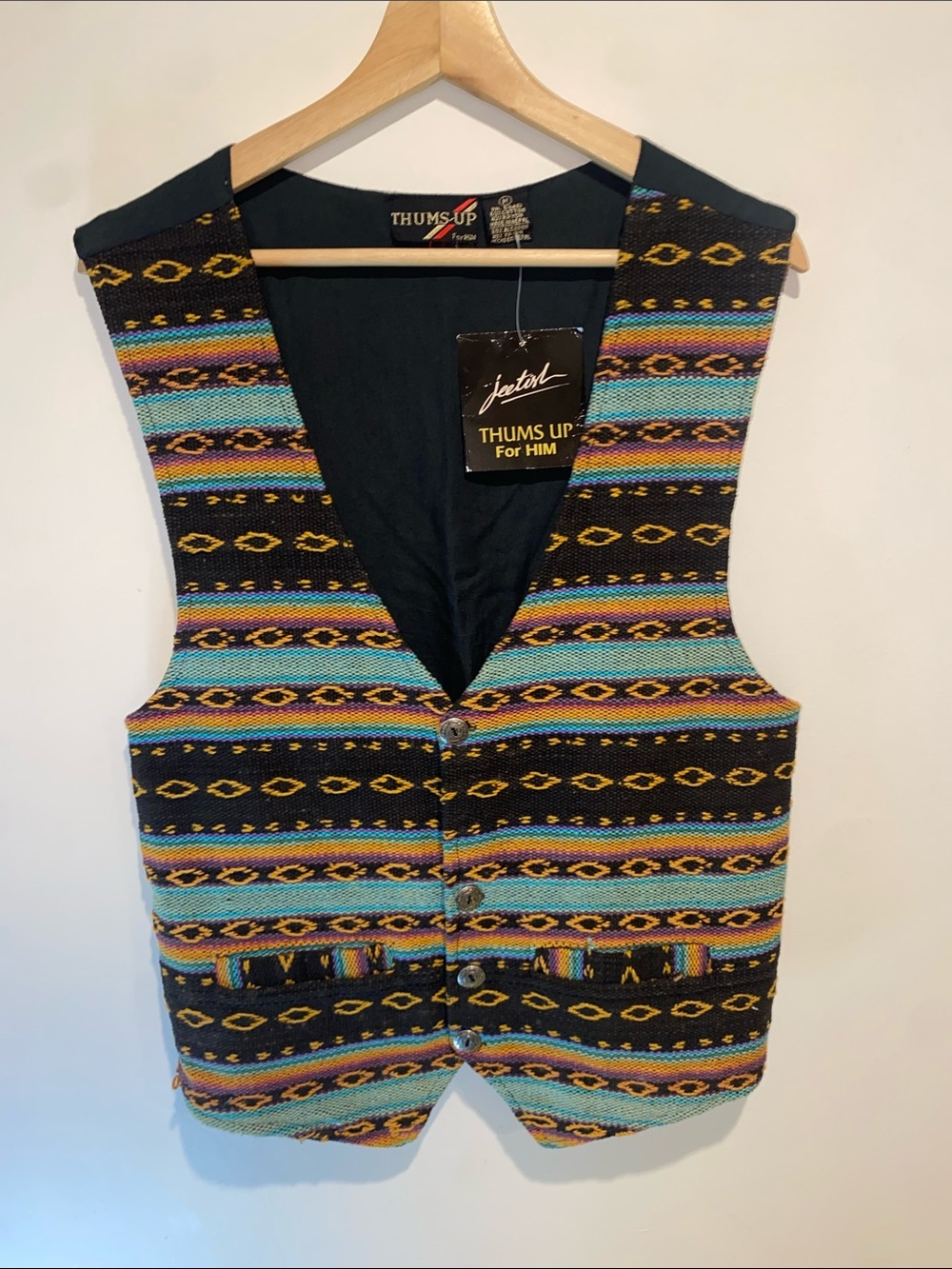 Men’s Thums Up Striped Southwestern Knit Vest in Black & Teal